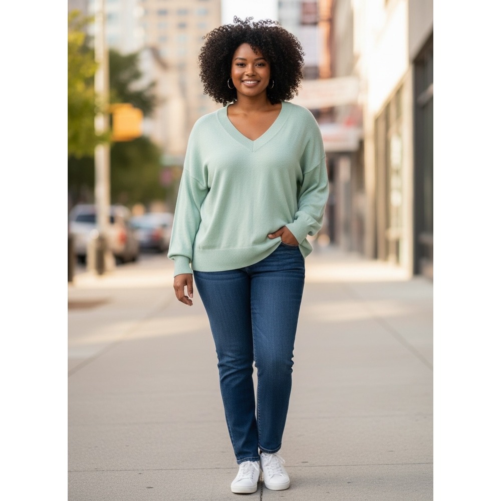 Gap Women XXL Mint Green V-Neck Relaxed Fit Cotton Blend Knit Sweater Minimalist